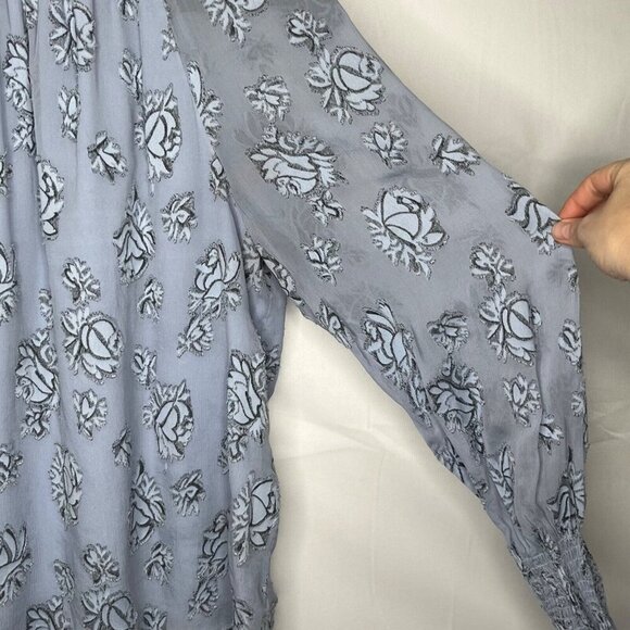 Rebecca Taylor Smocked Neck Silk Blend Rose Print Blouse‎ Light Blue Metallic 10 - Picture 4 of 11